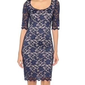 Belle Badgley Mischka Blue Lace Bodycon Dress Size 6 Nude Lined Elegant